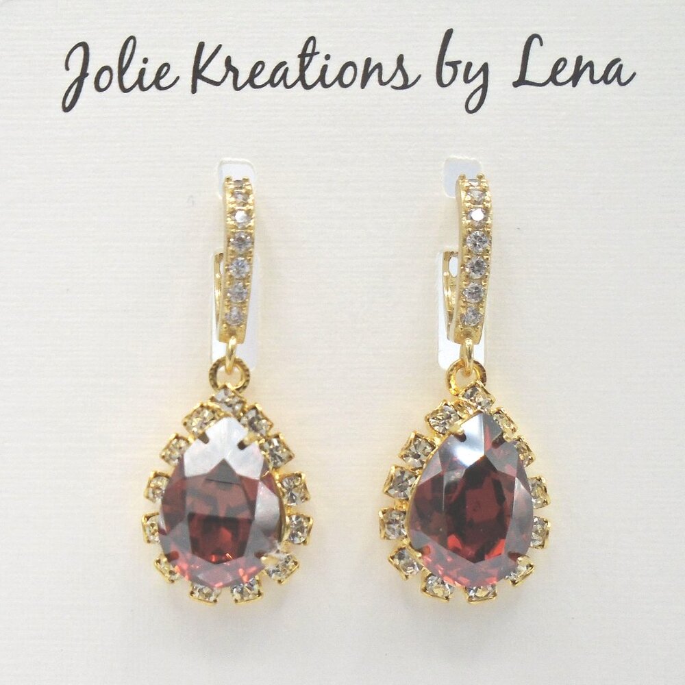 GORGEOUS SWAROVSKI Padparadascha Pear Crystal Earrings Gold Finish Setting